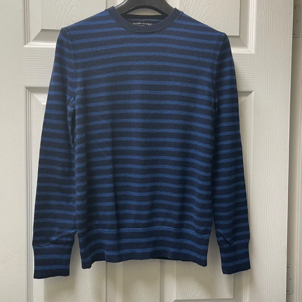 Banana Republic Baruffa Sweater Medium Blue Stripe Italian Merino Wool Crew Neck